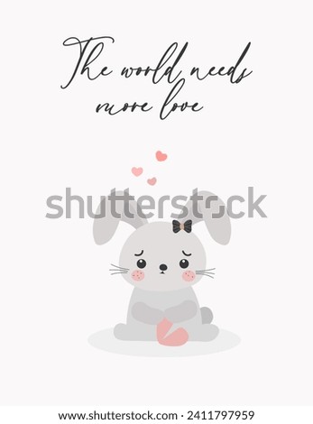 The world needs more love. Valentine’s Day greeting card. Cute Character bunny with a broken heart for Valentine's day. Unhappy love concept in cartoon style