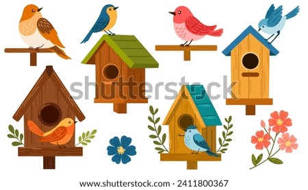 Bird houses set vector illustration. Birdhouse with a bird, homemade nests, feeders and homes, for summer and spring birds. Cartoon cute colorful birdhouses collection, feeder on garden tree