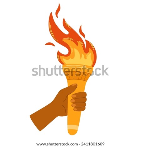 Hand with flaming torch. Burning torch flame in hand. Symbols of relay race, competition victory, champion or winner. Vector hand draw illustration isolated on white.