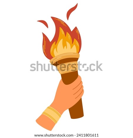 Hand with flaming torch. Burning torch flame in hand. Symbols of relay race, competition victory, champion or winner. Vector hand draw illustration isolated on white.