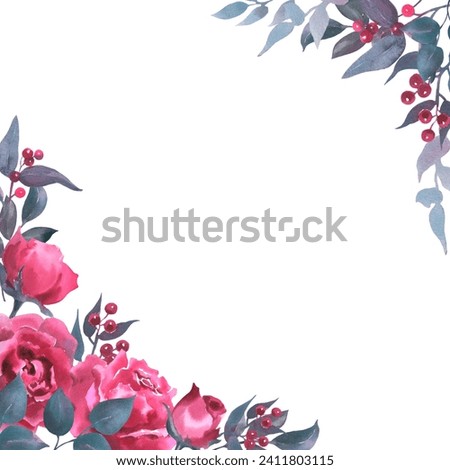 Frame with watercolor viva mangenta roses, buds, leaves, eucalyptus,and red berries. Hand drawn pink vial clipart element isolated on white background. For Valentine's Day, Mother's Day cards, gift.