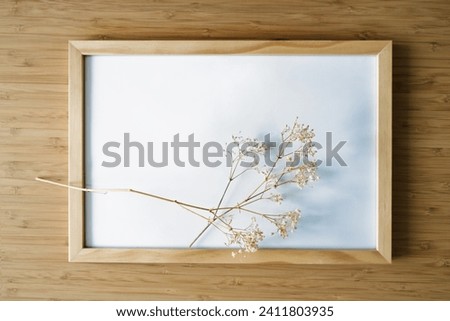 Twigs of gypsophila with soft shadows on an empty wooden picture frame, bamboo background, minimal still life as flat lay background for products like cosmetics, copy space, selected focus  