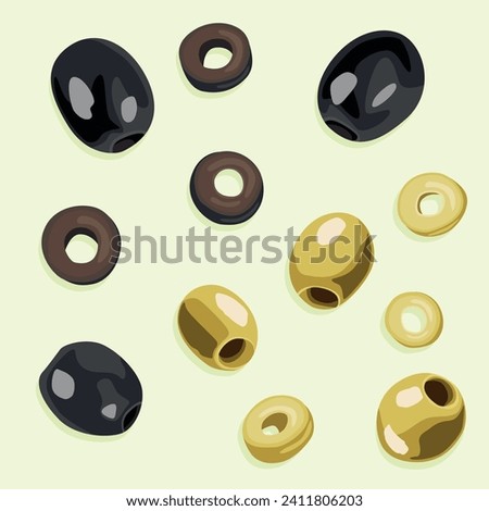 A set of olives, pitted and cut into circles. Vector image.