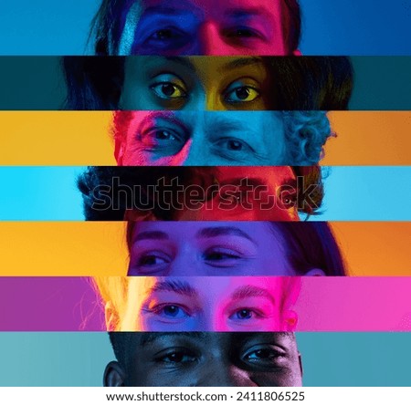 Collage. male and female eyes placed on narrow stripes over multicolored background in neon light. People different age and gender. Concept of human emotions, diversity, lifestyle, facial expression Royalty-Free Stock Photo #2411806525