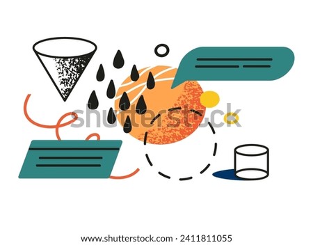Geometric shapes, figures: cone, sphere, cylinder. Abstract element composition with drops. Speech bubble, message, chat, mail. Online communication concept. Flat isolated vector illustration on white
