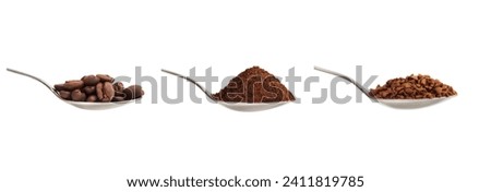A collection of three spoons holding coffee beans, ground coffee and instant coffee for a fresh cup of coffee concept isolated against a white background. Royalty-Free Stock Photo #2411819785