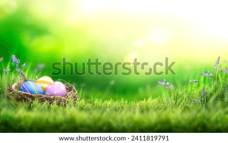 Three painted easter eggs in a birds nest celebrating a Happy Easter on a spring day with a green grass meadow and blurred grass foreground and bright sunlight background with copy space. Royalty-Free Stock Photo #2411819791