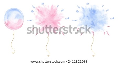 Balloons for Gender Party. Watercolor illustration of burst baloon set. Hand drawn clip art on isolated white background. Drawing of blue or pink ballon. Card template for recognizing a boy or a girl
