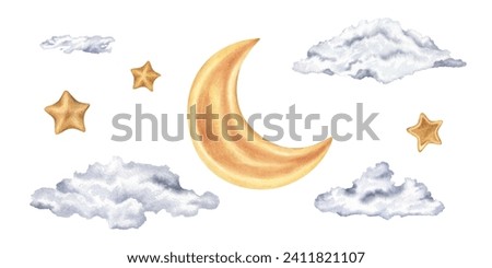 Moon and Clouds set Watercolor illustration. Hand drawn baby clip art on white isolated background. Drawing of golden crescent and Star. Celestial elements decoration sketch. Painting of space bundle