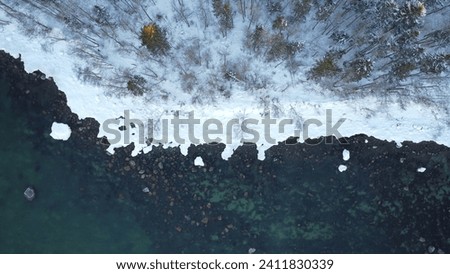 Aerial picture of coniferous forest after snowfall on sunset