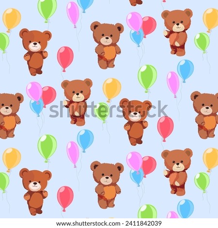 Bears and colorful balloons.Vector seamless pattern with brown bear cubs and colorful balloons.