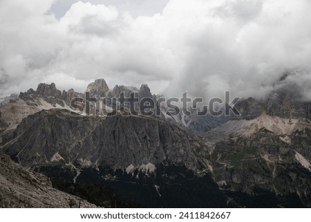Tofana di Rozes in summer mist in the Dolomites, Italy, Europe Royalty-Free Stock Photo #2411842667