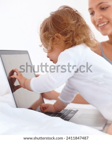 Baby, learning and mom with laptop in home with cartoon, movies or games for education. Infant, kid and mother with computer in bedroom for child development, growth and website for teaching