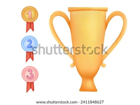 watercolor Golden Trophy cup, medals clip art, cut out illustration isolated on white background. team games, individual competitions Champion trophy. award ceremony for winners of international sport