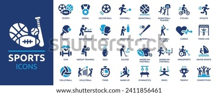 Sports icon set. Containing football, basketball, trophy, competition, medal, gym, volleyball and more. Solid vector icons collection. Royalty-Free Stock Photo #2411856461