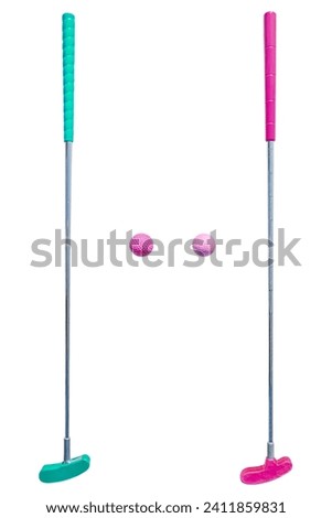 Minigolf putters in different colors with balls isolated on white background. Mini Golf Material. Mini golf clubs with balls isolated	