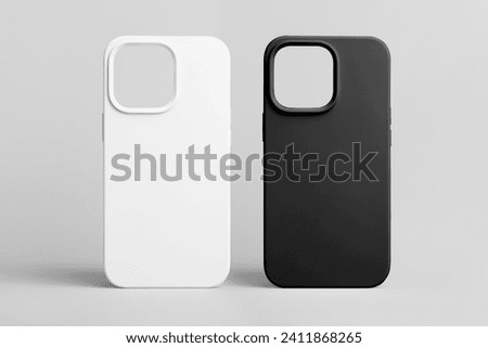 black and white phone case mock up for iPhone 15 Pro isolated on grey background, set of two covers for smart phone