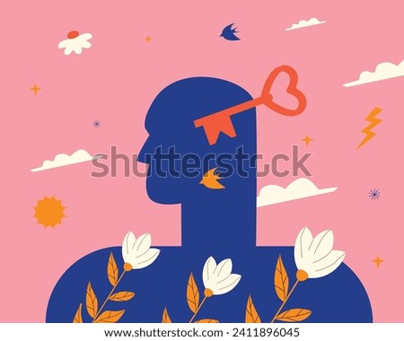 The human profile, the key and the flowers. A metaphor for the process of self-knowledge through psychotherapy, the development of peace of mind, spiritual growth. Royalty-Free Stock Photo #2411896045