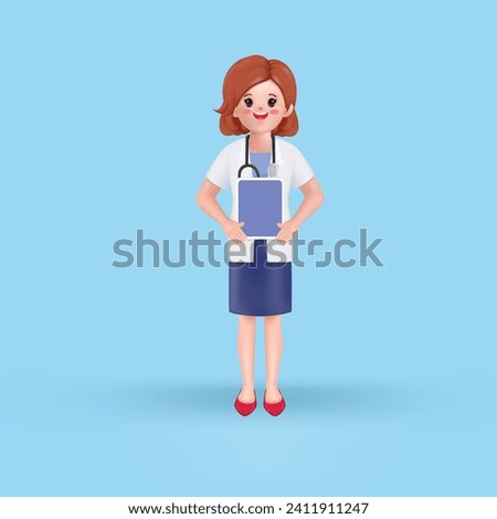3d woman doctor holding tablet and showing blank screen. Cute cartoon smiling confident demonstrating empty display tablet.Medical presentation clip art isolated on blue.