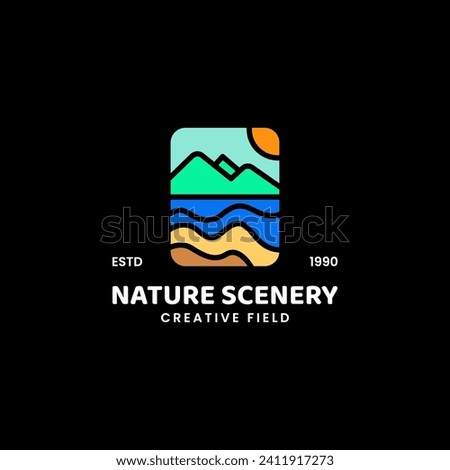 vector illustration of a colorful nature scenery landscape logo. It's a modern minimalist badge emblem that represents a symbol and icon