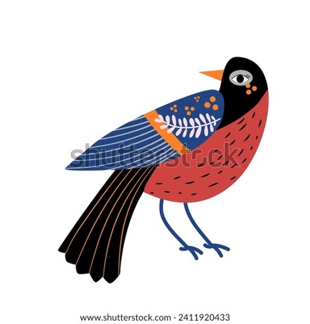 Bright bird, vector, flat style, childish, stylized bird. Royalty-Free Stock Photo #2411920433
