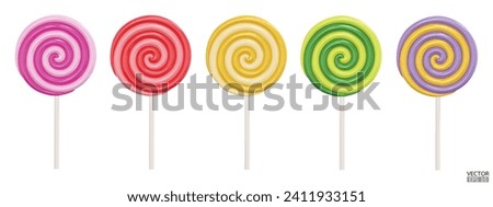 Set of colorful sweet lollipops isolated on white background. 3d realistic, swirl, colored sugar candies on stick. 3D Vector illustration.