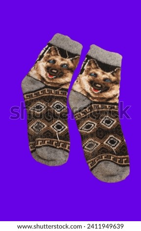 Warm knitted socks with pattern of wolves 