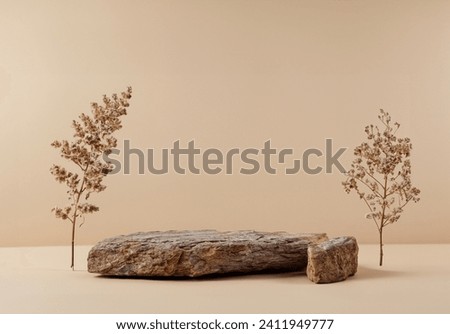 Luxury Brown stone marble pedestal Podium decoration with dried flower Over Beige Background. elegant backdrop product showcases and sophisticated designs for Skin care and cosmetic Exhibition .