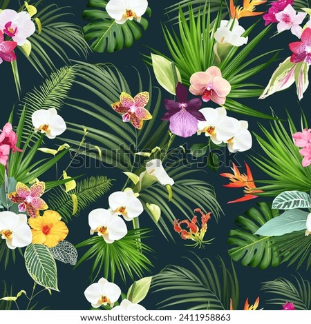 Exotic tropical flowers, orchid, strelitzia, hibiscus, canna, calla lily, palm, monstera leaves vector seamless pattern. Jungle forest wedding design print. Island greenery. Isolated and editable Royalty-Free Stock Photo #2411958863