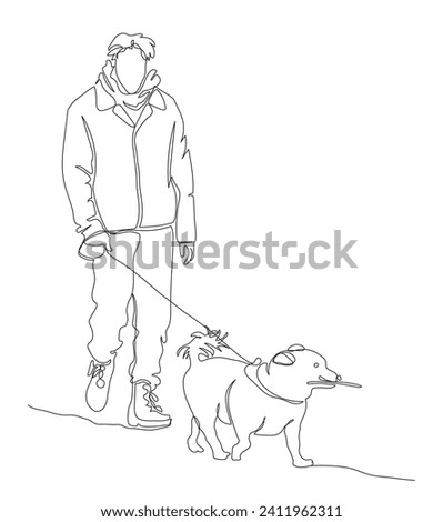 Man in winter clothes walking with dog. Dog carrying stick. Single line drawing. Black and white vector illustration in line art style.