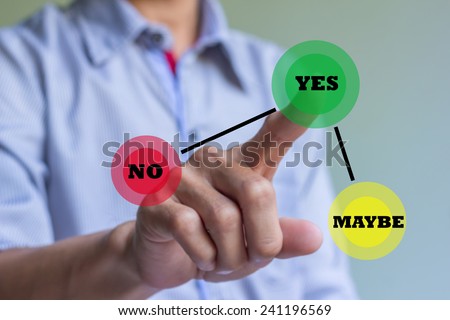 Hand of businessman press Yes button. Concept of decision making. Royalty-Free Stock Photo #241196569