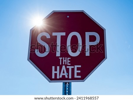 Stop sign with sunburst reading stop the hate