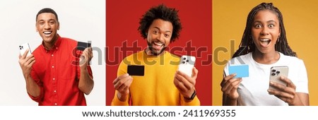 A line-up of individuals showing a wide range of reactions while holding credit cards and smartphones, symbolizing the increasing intersection between technology and finance in everyday transactions.
