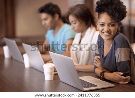 Laptop, happiness and portrait of college woman for online research, education and school scholarship. University, coworking space and students learning knowledge, information and studying together