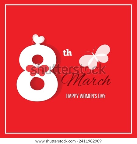 Eight of March Happy Women_s Day with Butterflies. International spring holiday celebration poster