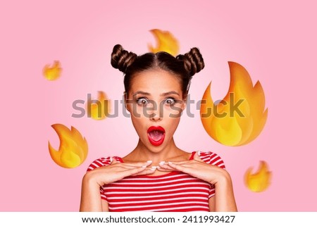 Photo collage picture image young pretty astonished girl showing amazed emotion reaction impressed open mouth fire icon twitter