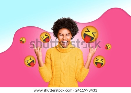 Photo collage image young crazy girl showing rock roll sign tongue emotional reaction iphone emoji rocker gesture fun drawing background