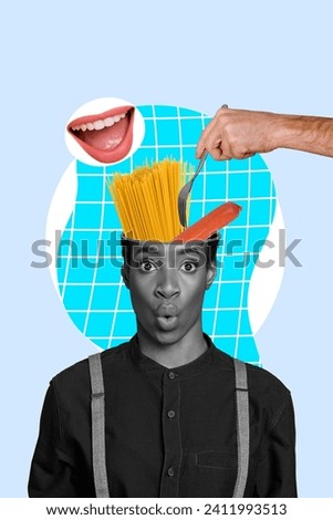 Weird picture portrait collage of young girl transgender spaghetti macaroni with sausage inside head isolated on blue color background