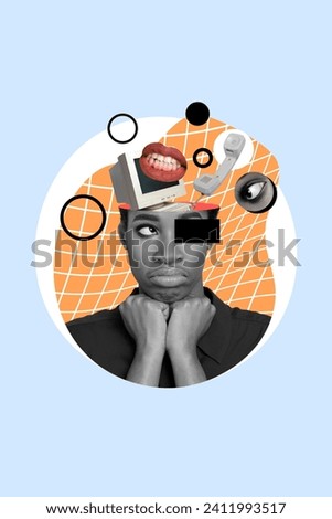 Vertical composite creative collage photo of sad dissapointed afro woman order bad cosmetics online isolated blue drawing background