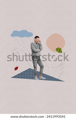 Creative vertical collage picture poster lonely sad young standing man feel depressed under autumn weather drawing background