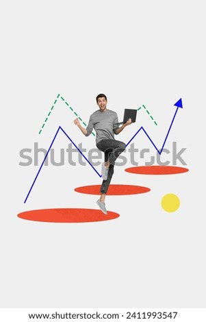 Vertical creative composite photo collage of overjoyed man hold laptop increase earnings in crypto wallet isolated white color background