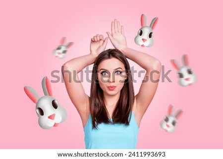 Photo collage picture young funny girl pretend be rabbit showing ears playful carefree demonstrating cute animal drawing background