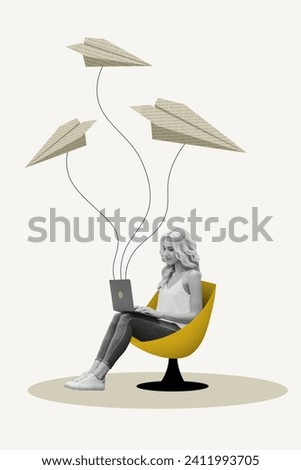 Vertical collage picture illustrations monochrome effect lovely charm beautiful young woman type write work send sms white background