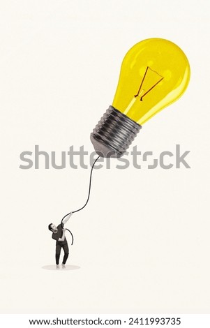 Vertical creative collage picture excited smart funny young man big bulb flutter kite windy weather exclusive white background