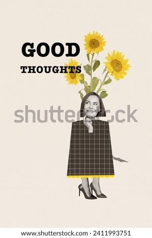 Vertical creative picture collage poster happy young girl bunch sunflower above head caricature isolated drawing background