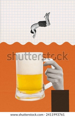 Creative vertical collage picture retro arm hold beer glass crazy guy jumping diving into foam fantasy drawing background