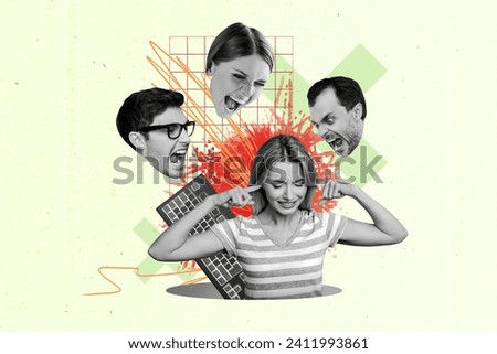 Photo illustration image collage businesspeople woman closed ears conflict avoid work pressure mental negative conflicts
