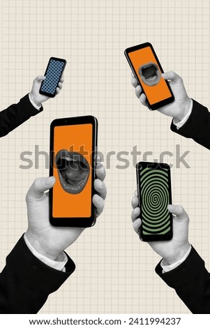 Vertical bizarre pop photo collage of hands holding mobile phones with screaming mouth and hypnotizing video digital addiction propaganda Royalty-Free Stock Photo #2411994237