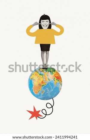 Creative vertical collage picture annoyed young girl standing huge globe earth planet closed ears ignoring loud noise white background