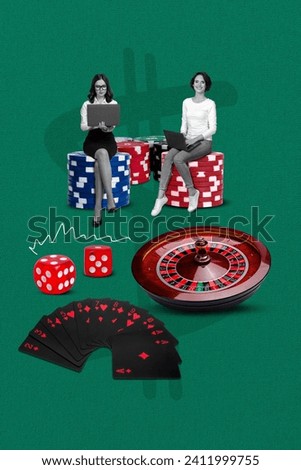 Photo collage artwork picture of happy ladies enjoying online casino game isolated green color background